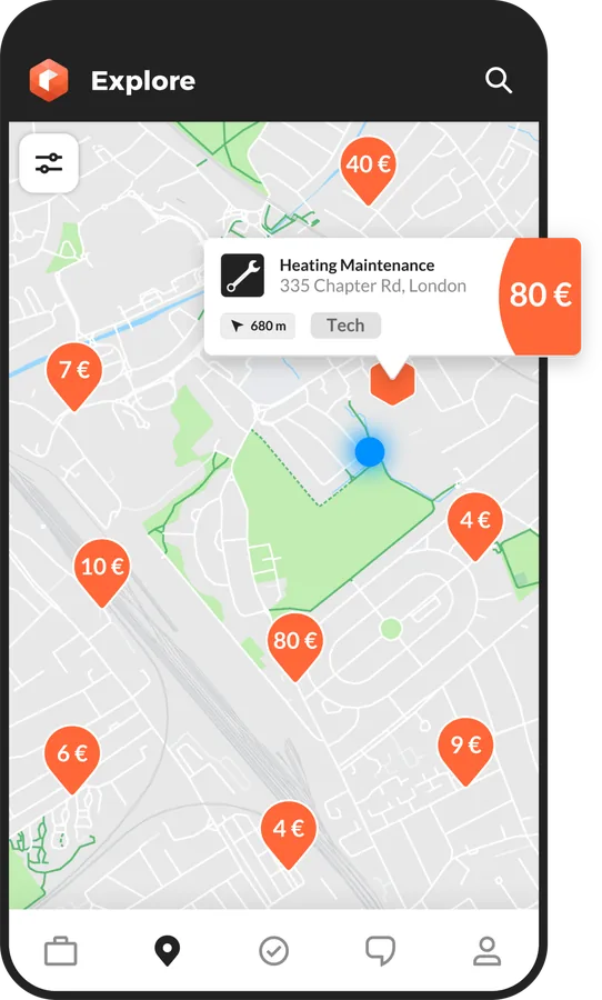The Roamler app showing available technical tasks nearby
